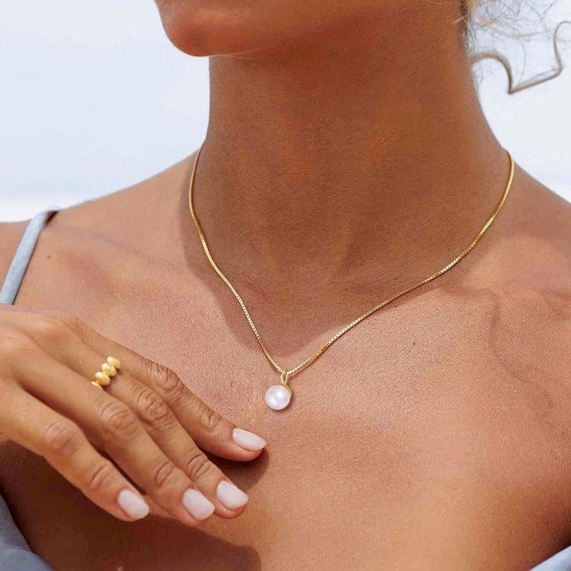 PRTGL Store Pearl Necklace: 14K Gold-Plated/White Gold-plated Pearl Necklace for Women 16.5” + 2” - Image 4